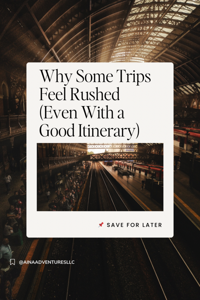 Train station platform representing travel movement and the hidden structure that can make travel itineraries feel rushed.