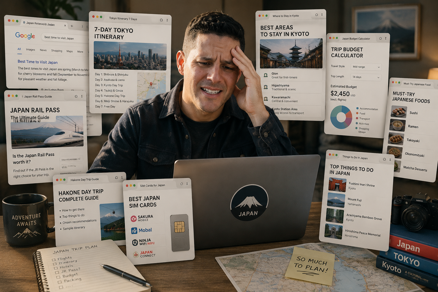 Traveler overwhelmed by DIY trip research with multiple browser tabs open